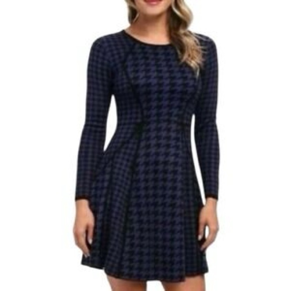Calvin Klein Navy Houndstooth Long Sleeve Dress